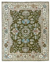 Hand-knotted olive green Persian-style wool rug with floral motifs